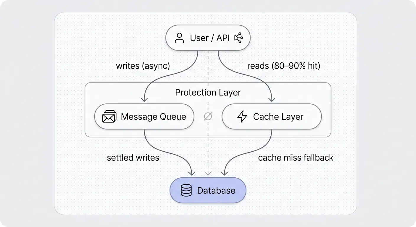 The three-layer re-architecture pattern: writes routed through a message queue, reads served from a cache, and the database protected behind both