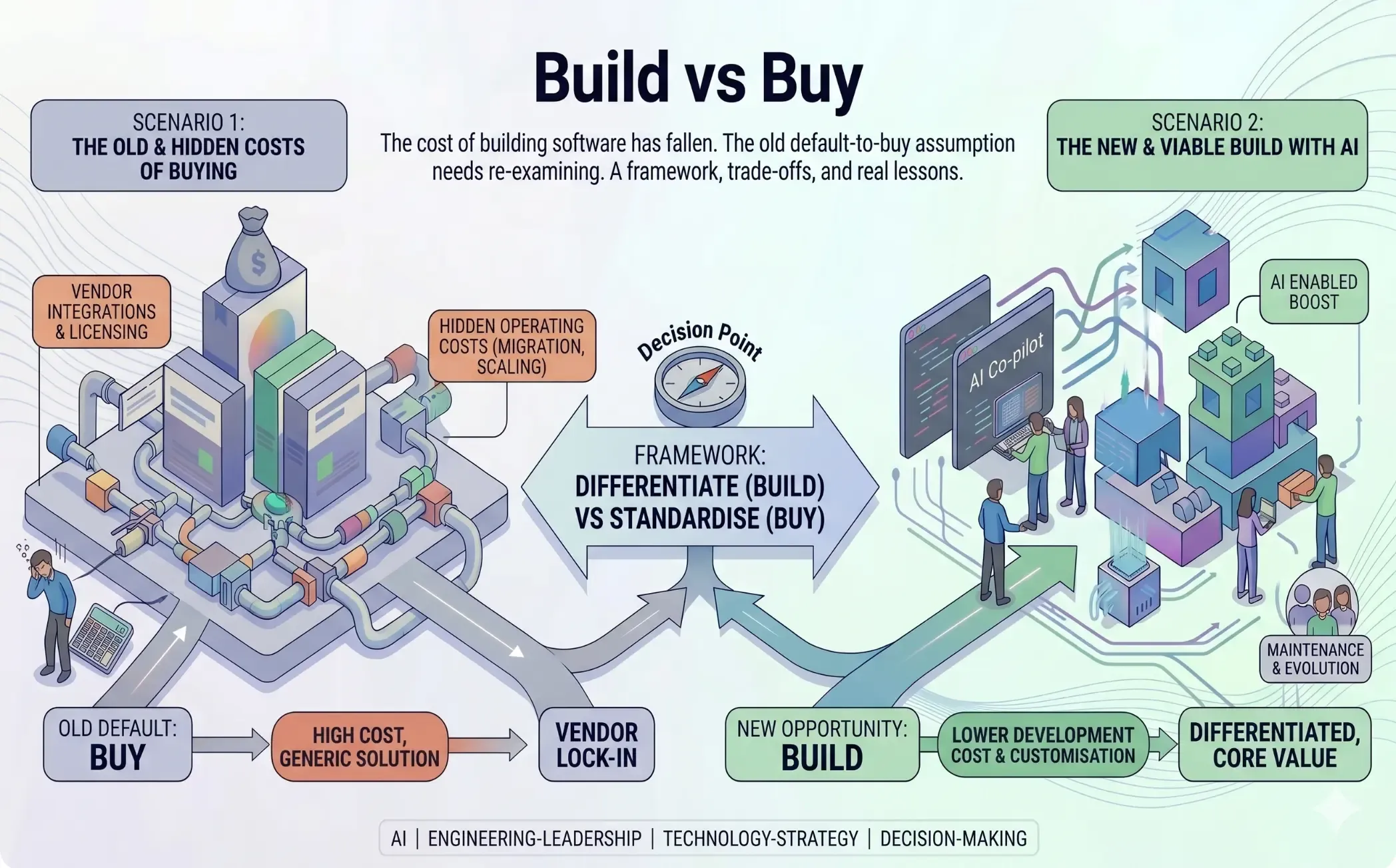 Build vs Buy hero image showing decision points on differentiate vs standardise.